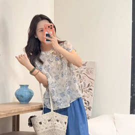 26夏 文艺复古风苎麻印花立领斜襟盘扣小飞袖衬衫轻薄小衫女26666