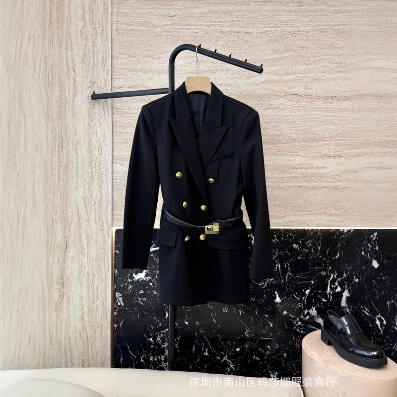 New Autumn and Winter Style Blazer, Versatile, Age-Reducing, Slim-Fit, Double-Breasted, Gold Button, Long-Sleeve Women's Mid-Length Jacket