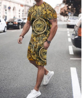 Comercio exterior europeo y americano nueva ropa de hombre traje 3D Amazon transfronteriza calle casual hombres pantalones cortos manga corta Camiseta cuello redondo