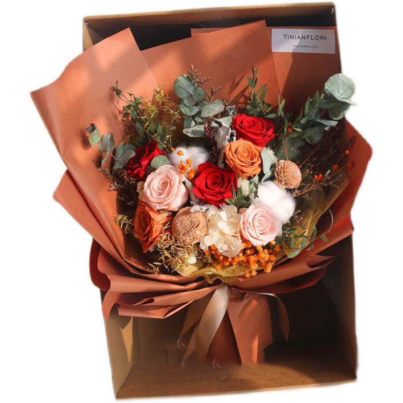 Qixi vintage naranja flor eterna ramo rosa de madera de algodón flor seca decoración de la sala de estar para la novia de cumpleaños regalo de vacaciones