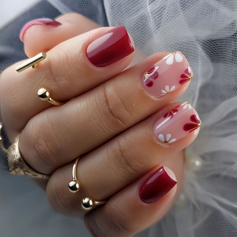 Cute and Sweet Short European Square Oil Painting Style Gentle Little Flower Fashion Red Autumn and Winter Export European and American Hot Selling Manicure