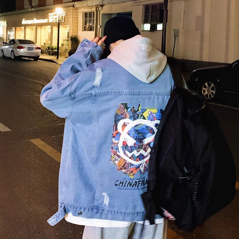 Spring and Autumn Hong Kong Style Creative Graffiti Hooded Printed Denim Men's Jacket Hip-Hop Large Size Jacket Youth Casual Spring and Autumn Hong Kong Style Creative Graffiti Hooded Printed Denim Men's Jacket Hip-Hop Large Size Jacket Youth Casual