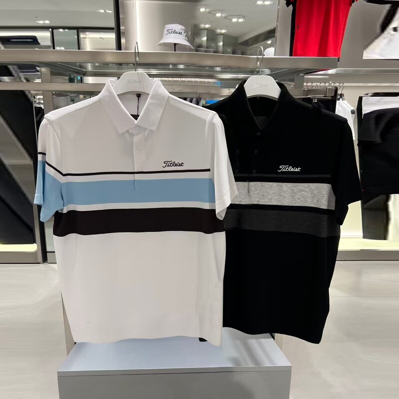 Spring and Autumn New Korean Men's Golf Clothing with a Turn-Down Collar, Color-Blocked Striped Knit Short-Sleeve Top Spring and Autumn New Korean Men's Golf Clothing with a Turn-Down Collar, Color-Blocked Striped Knit Short-Sleeve Top