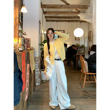 茶系搭配一整套女早春韩系穿搭套装黄色针织开衫白色休闲裤两件套