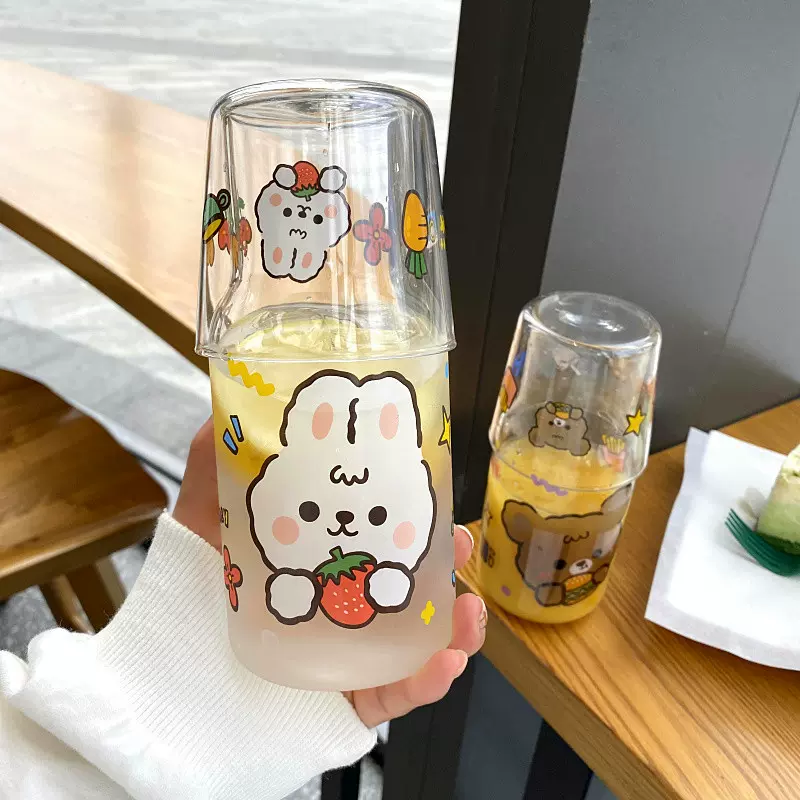 韩版ins风日式一人饮玻璃杯可爱少女心牛奶杯带盖家用耐热水杯薄