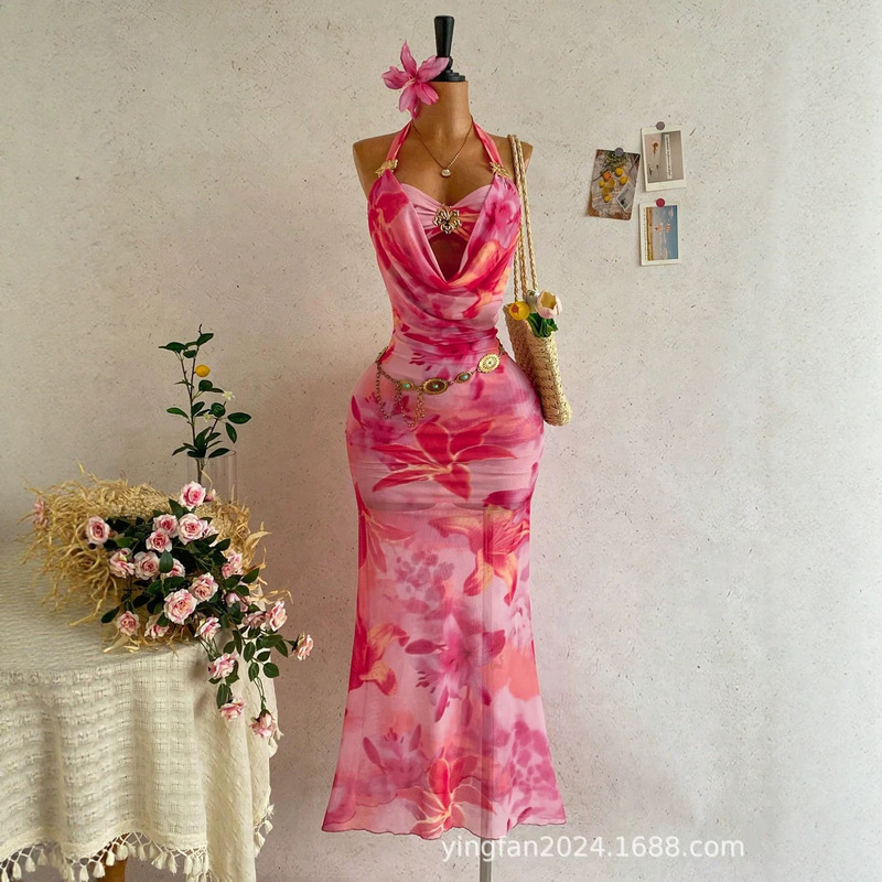 Women's Summer Romantic Bohemian Style Mesh Print Metallic Floral Decorated Tie-Up Halter Neck Long Dress