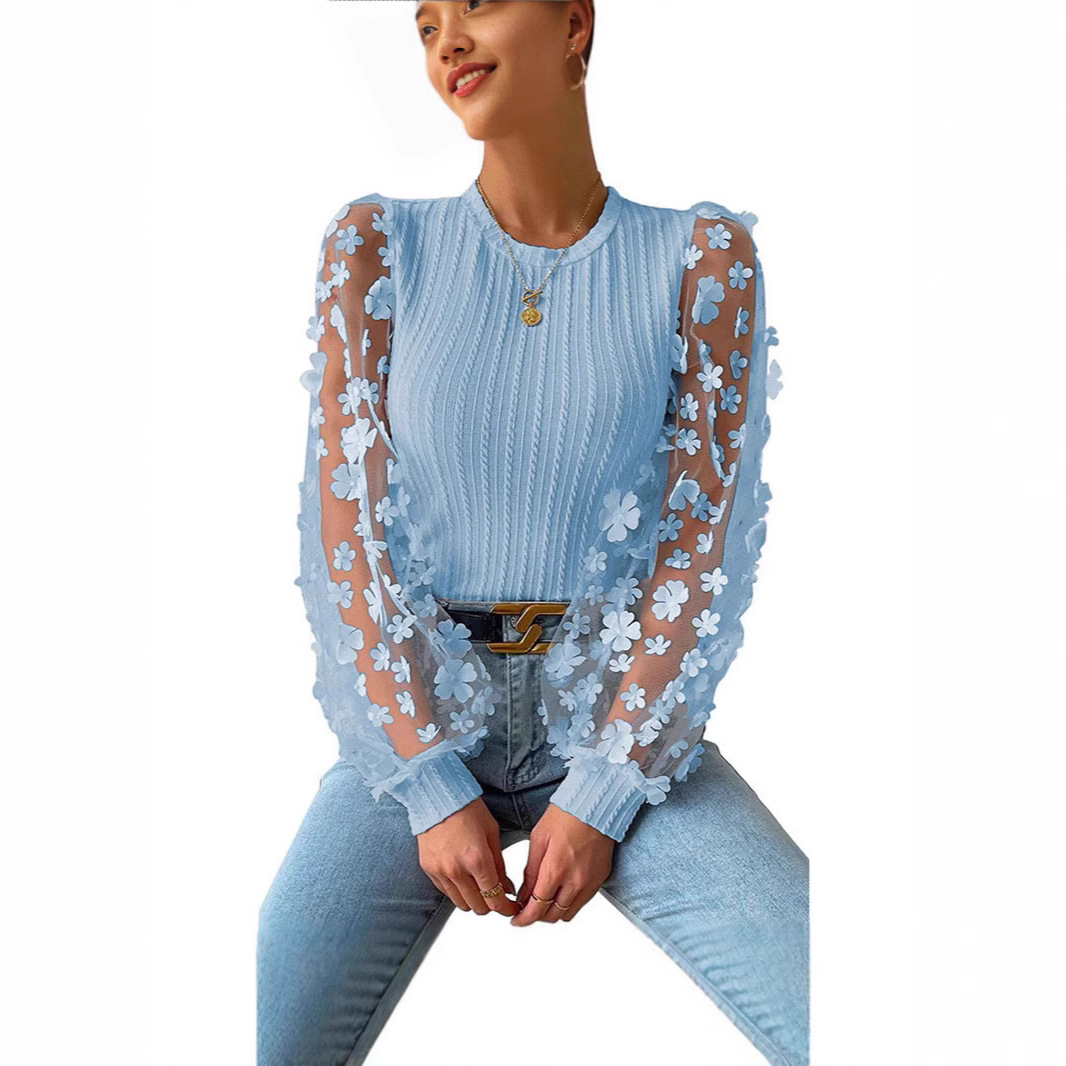Camicetta in chiffon a fiori scollo rotondo maniche lunghe_voghion.com