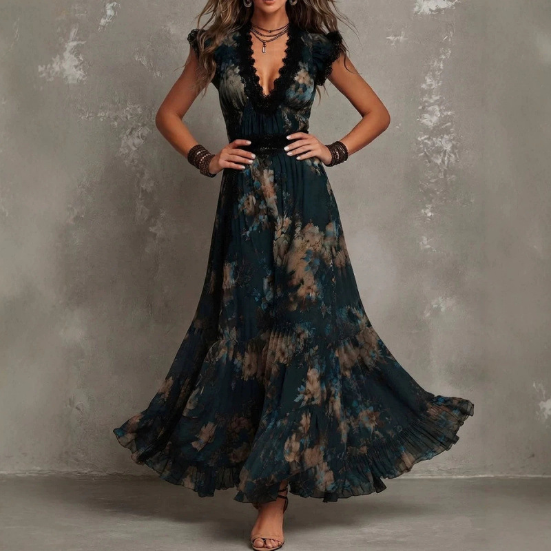 2026 Vintage Dark Green Floral Lace V-neck Flutter Sleeve Waist-Cinching Long Vacation Dress