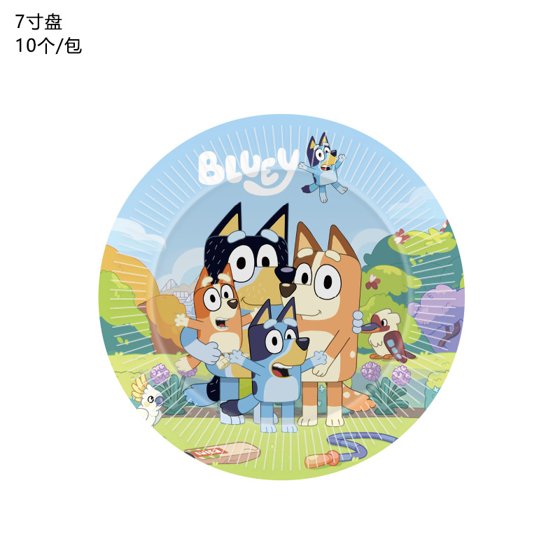 Popular Blue Bluey Themed Birthday Party Supplies Disposable Paper Plates Paper Cups Supplies Straws Manufacturer Wholesale