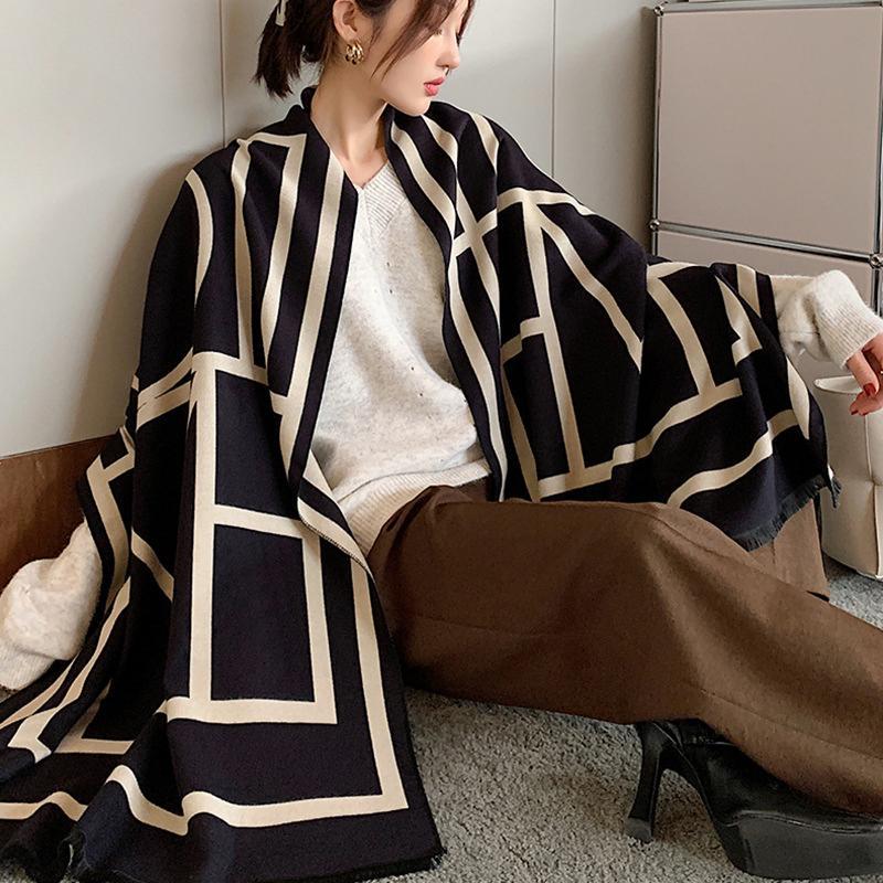 New OM Letter Autumn/Winter Scarf Women's Double sided Thickened Warm Imitation Cashmere Air Conditioned Shawl Neckband_voghion.com