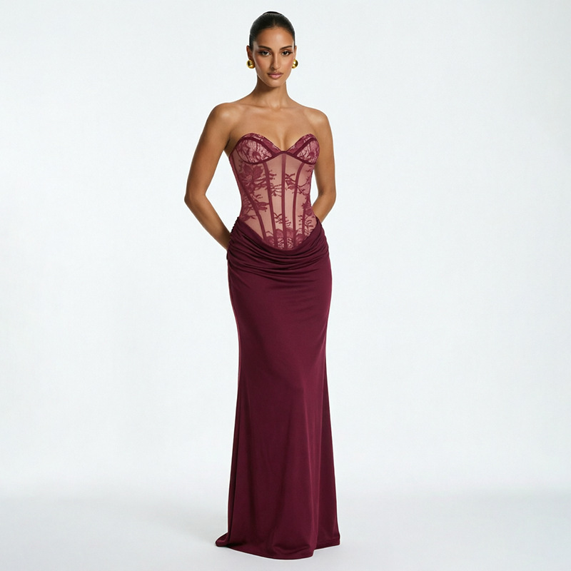 2026 nuevo estilo de verano de estilo europeo y americano de estilo de mujer transfronterizo línea de impresión de encaje de cuello plegado vestido de costura mujer image 2