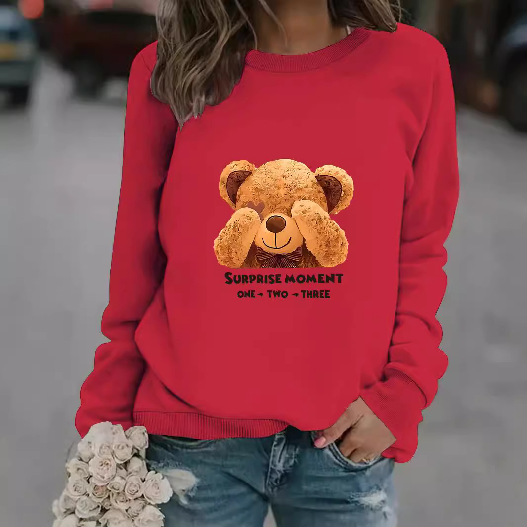 Damenbekleidung Herbst und Winter Damen lässig Langarm Rundhals Pullover mit Cartoon-Bären-Print_voghion.com