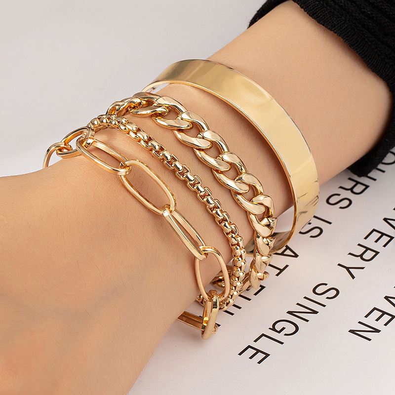 European and American cross-border jewelry simple geometric metal texture bracelet glossy punk sweet cool style rhinestone bracelet for women