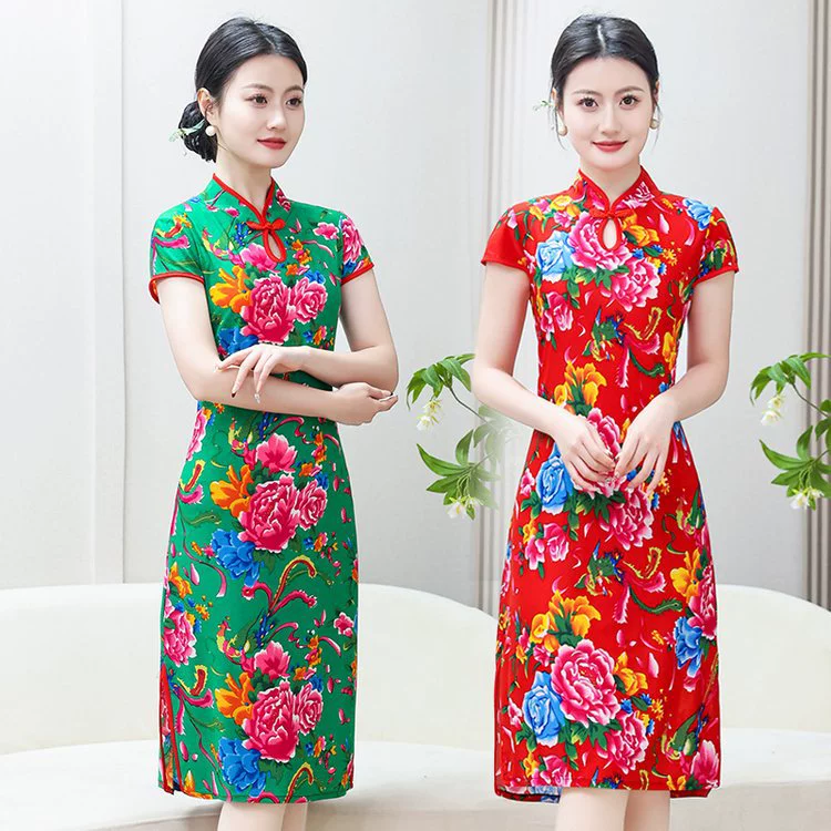 Новый китайский стиль северо-восточный пион большой цветок чонсам улучшенный национальный стиль с короткими рукавами платье женский летний пуговицы
