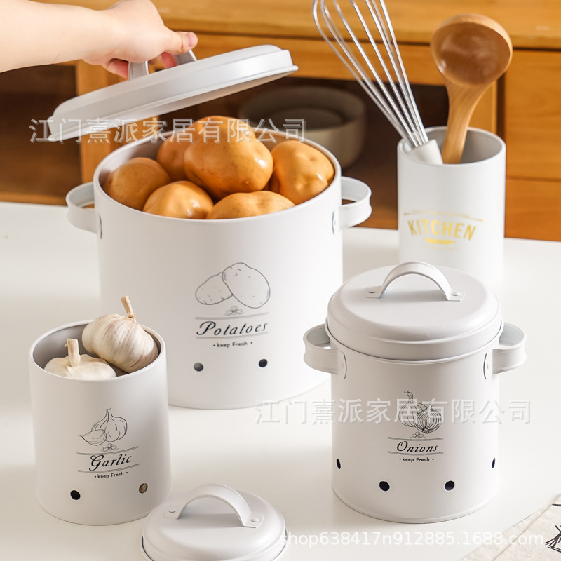 Barril de patata transfronteriza cebolla ajo contenedor de almacenamiento conjunto de cocina caja de almacenamiento de frutas y verduras patata metal permeable a la atmósfera
