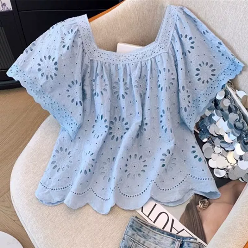 Кружевная летняя рубашка, французский стиль, квадратный вырез, oversize, большой размер