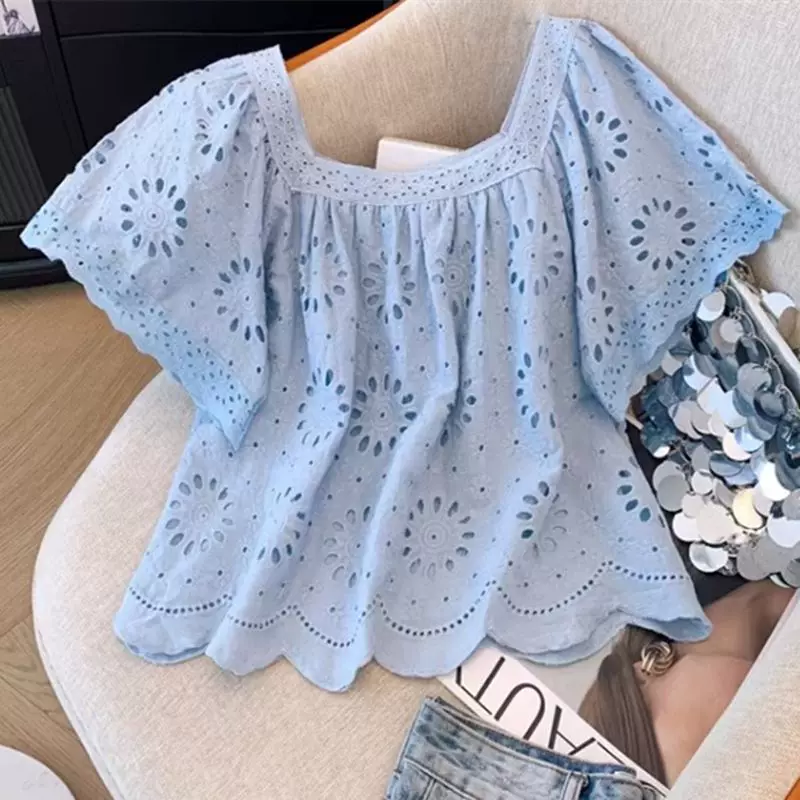 Кружевная летняя рубашка, французский стиль, квадратный вырез, oversize, большой размер