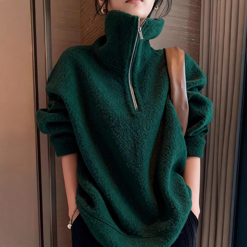 Beautiful and Unique Beautiful Green Stand-Up Collar Polar Fleece Lamb Wool Women's Sweatshirt Jacket for Winter Small People