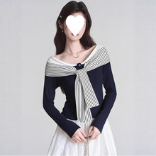 工厂直销批发 藏蓝色披肩打底衫女秋季学院风巨好看轻熟长袖上衣