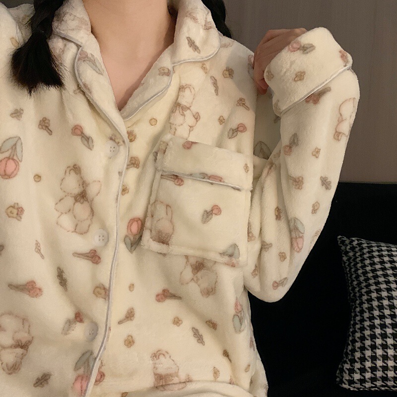 Wholesale pajamas women's autumn and winter cartoon Tulip rabbit thickened coral fleece lapel home wear can be worn outside suit Wholesale pajamas women's autumn and winter cartoon Tulip rabbit thickened coral fleece lapel home wear can be worn outside suit