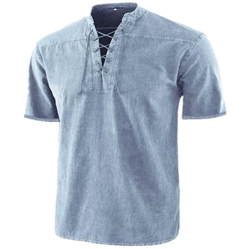 European and American men's new solid color retro collar casual short-sleeved shirt