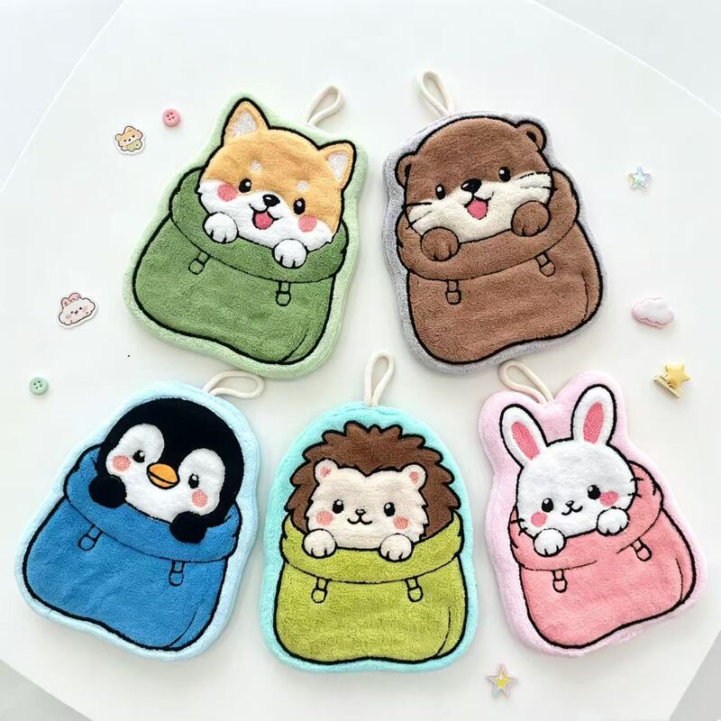 Cute and Adorable Pocket Animal Hand Towel, Hangable, Thickened, Odorless, for Kitchen, Bathroom, and Children