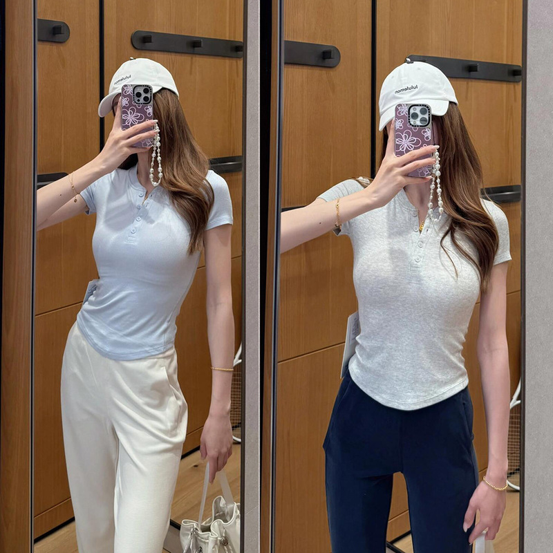 2026 Summer Holdtight Same Style Women's Slim-Fit Short-Sleeve Henley T-Shirt Top for Women Japanese and Korean Casual Style