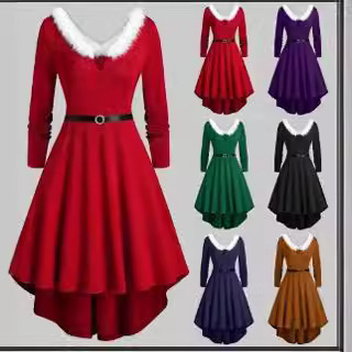 Women's large size Christmas fluffy V-neck long sleeve dress Women's large size Christmas fluffy V-neck long sleeve dress