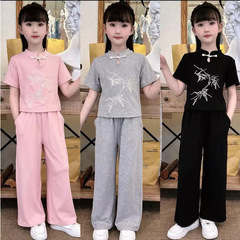 女の子の新しい中国風スーツ 2025 夏の新しいスタイル中大型子供純綿国民トレンドスタイルボタン半袖カジュアル 2 点セット