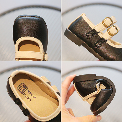  Girls' Small Leather Shoes Spring and Autumn New Girls' Shoes British Roman Style Square Toe Soft Sole Baby Girls