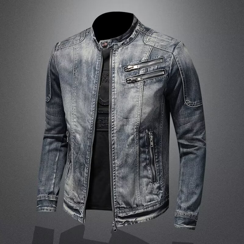 Spring and Autumn High-End Brand Retro Denim Men's Trendy Plus-Size Jacket Slim Coat Nostalgic Stand Collar Clothing Coat