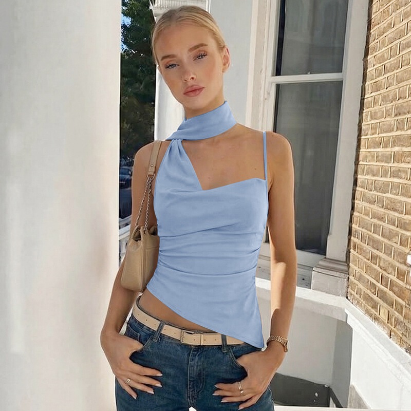 European and American Ins-Style Women's Fashion New Arrivals: Spicy Pure Desire Style Halter Neck Ribbon Solid Color One-Shoulder Camisole Top