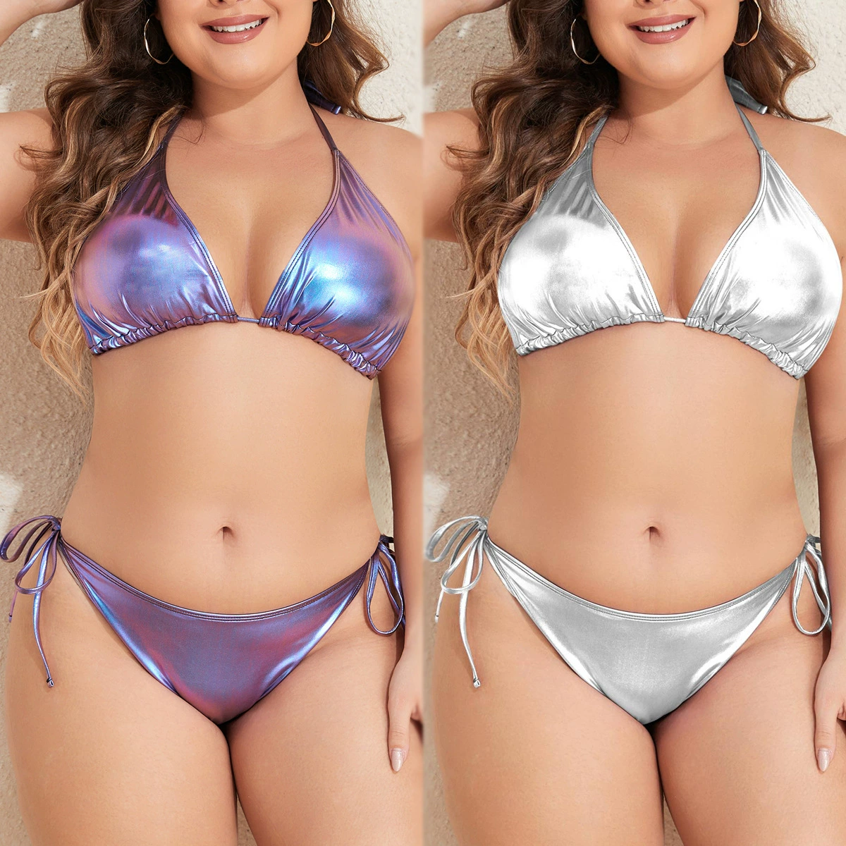 Новый стиль 2026: европейско-американский купальник-бикини больших размеров для женщин, с золотым глянцевым эффектом, на завязках, оверсайз, для трансграничной торговли