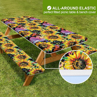 Outdoor Windproof and Dustproof Tablecloth Cover Sunflower Picnic Table Cover Company Chief Chair Cover 3-piece Set Elastic Fit