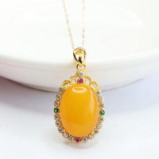 Xinyu S925 silver inlaid natural Old Beeswax pendant full of honey amber necklace Factory Live generation HP3020113