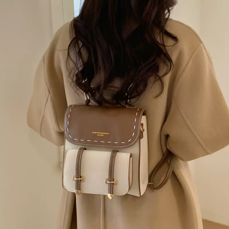 跨境欧美复古洋气双肩包休闲小众设计质感单肩斜挎包撞色三用女包