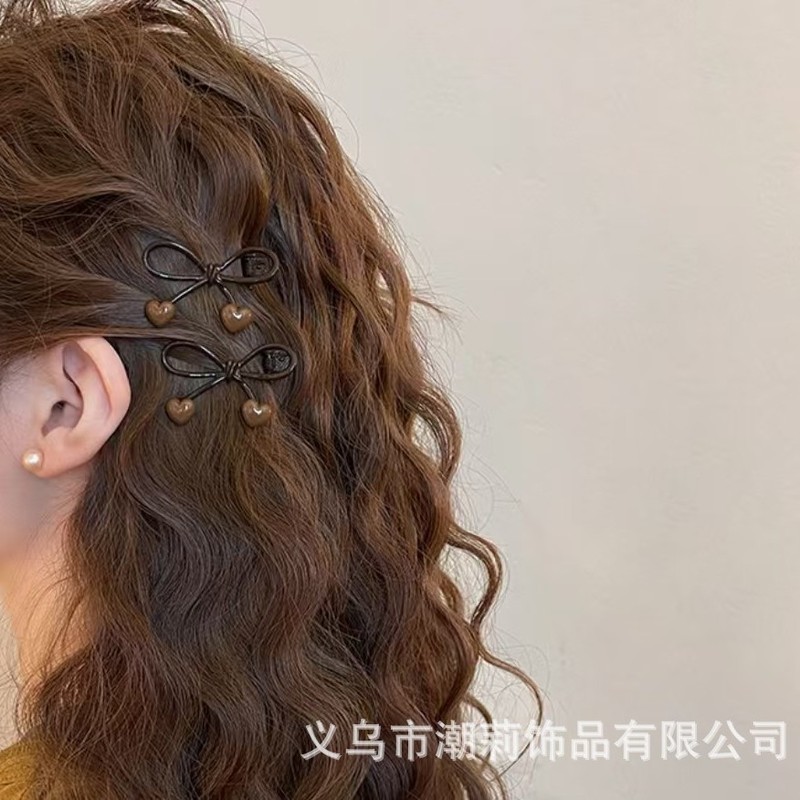 2025新款蝴蝶结发夹女咖色爱心边夹侧边发卡刘海夹子高端头饰|undefined