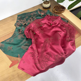 Two-Color New Chinese Style Lifelike Phoenix Silk Old Satin Fabric National Style Disc Buckle Niche Age-Reducing Elegant Top