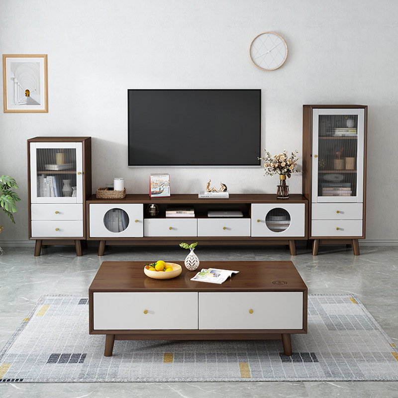 Madera maciza nórdica TV gabinete mesa de café combinación moderna minimalista hogar sala de estar gabinete de piso pequeño apartamento de pared de fondo