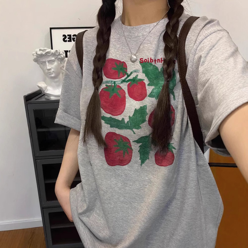 2025 Summer Niche Tomato Unique Design Short-Sleeved T-Shirt Casual Lazy Style Loose Versatile Top Trendy 2025 Summer Niche Tomato Unique Design Short-Sleeved T-Shirt Casual Lazy Style Loose Versatile Top Trendy