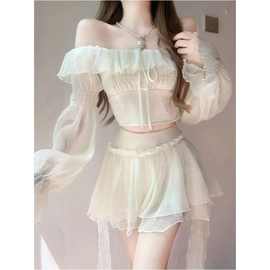 春夏款纯欲风甜辣妹设计感荷叶边一字肩上衣+不规则半身裙