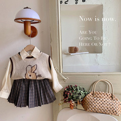 2023 Spring New Korean Children's Clothing Cute Rabbit Set for Girls Knitted Vest + Shirt + Skirt Three-Piece Set 