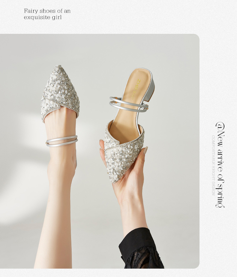 Sandal đính đá nữ đế thấp quai mảnh phối váy — BL139 màu bạc chi tiết 16