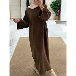 New Muslim New Corduroy Warm Casual Fashion Dress Corduroy Abaya Winter with Side Bag Thick