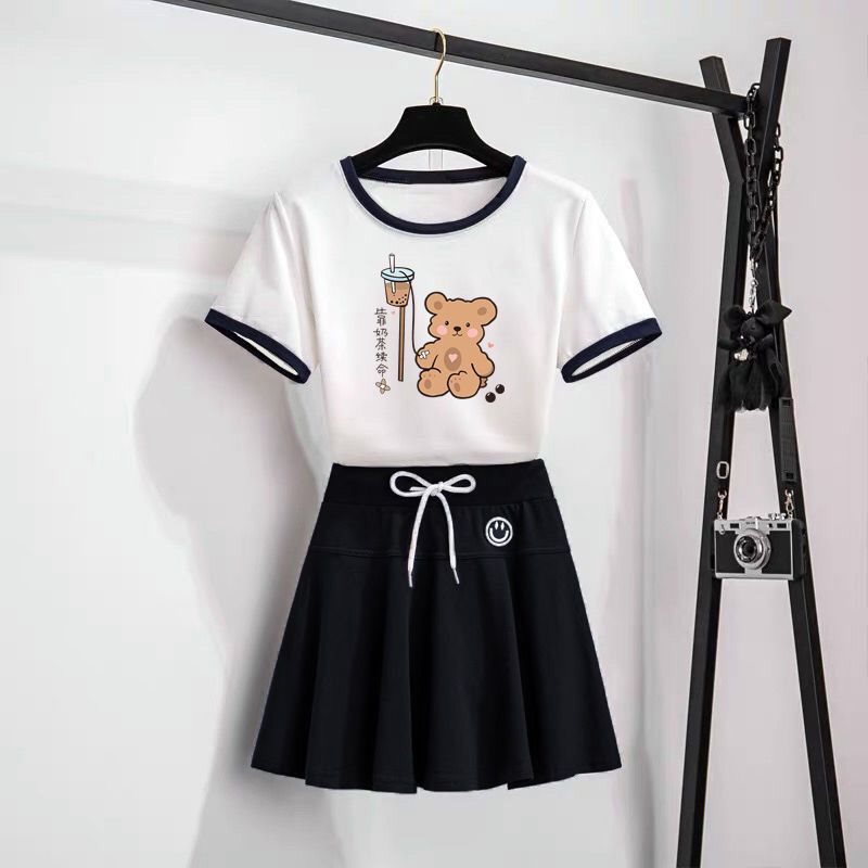 亲子装中大童套装夏季新款拼接短袖T恤女学生韩版半身裙两件套潮