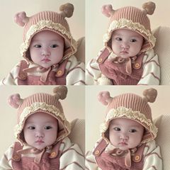红色新年婴儿帽子秋冬季保暖针织帽加厚套头帽喜庆新年护耳毛线帽