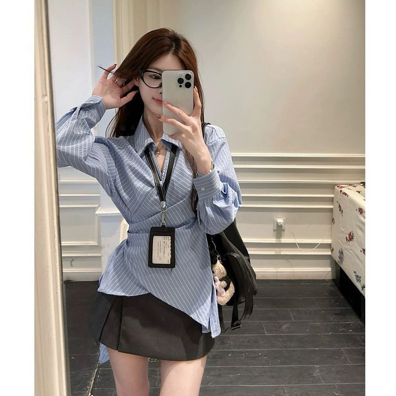两件套装女休闲系带收腰交叉翻领衬衫女早春条纹衬衣独特别致上衣|undefined
