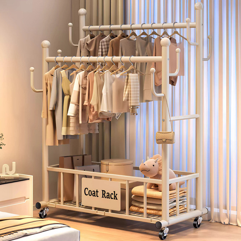 Thickened Double-Pole Coat and Hat Floor-Standing Bedroom Household Clothes Drying Removable Clothes Rack Indoor Clothes Storage Clothes Rack