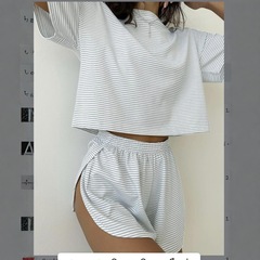 2025夏季新款条纹露脐短袖短裤套装女欧美风家居服两件套