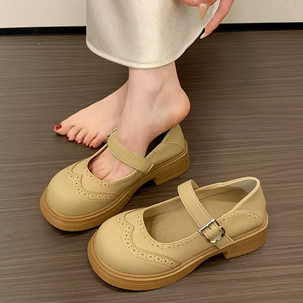 Genuine Leather Retro Thick-Soled Mary Jane Shoes for Women, 2026 Spring New Versatile British Style Shallow-Cut Carved Jk Leather Shoes